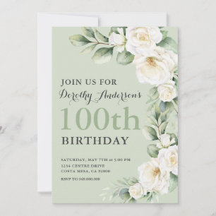 Elegant White Rose Eucalyptus 100th BIrthday Party Invitation