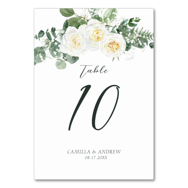 Elegant White Rose Eucalyptus Floral Wedding Table Number (Front)