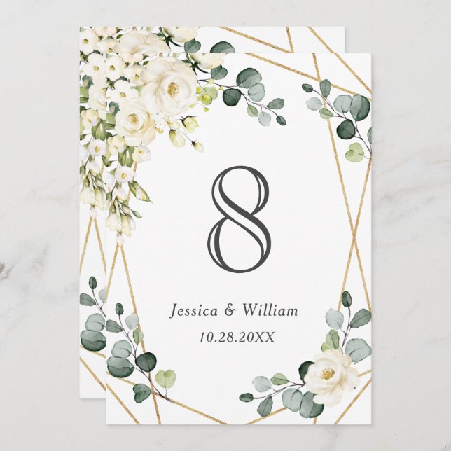 Elegant White Rose Eucalyptus Wedding Table Number (Front/Back)
