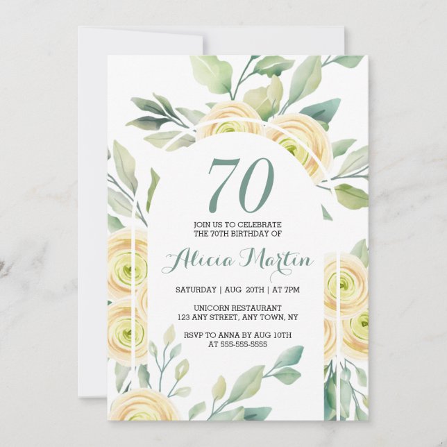 Elegant White Rose Flora Greenery 70th Birthday Invitation (Front)