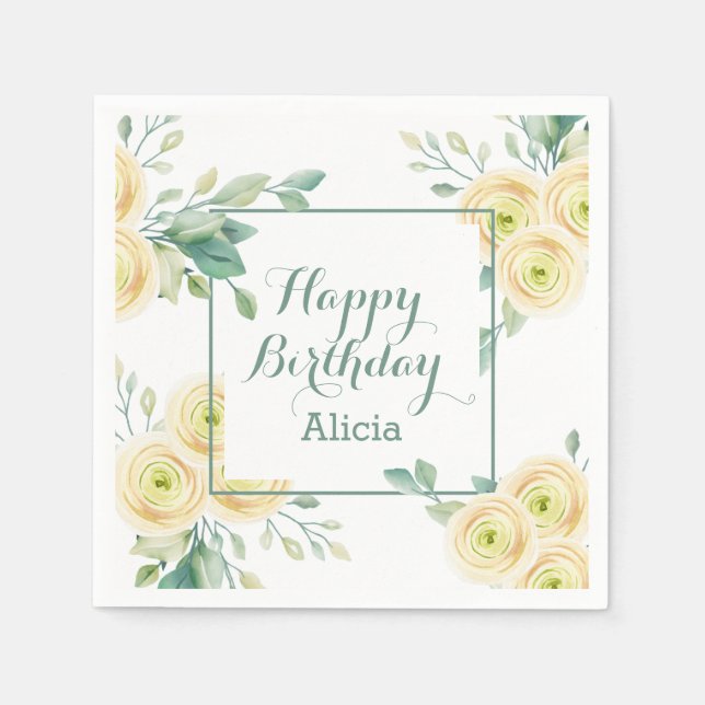 Elegant White Rose Flora Greenery Birthday Napkin (Front)