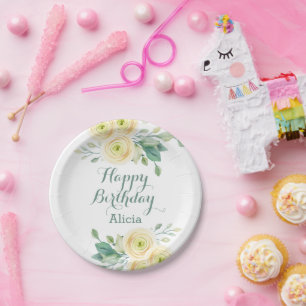 Elegant White Rose Flora Greenery Birthday Paper Plate