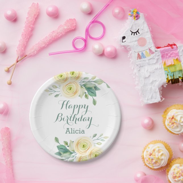 Elegant White Rose Flora Greenery Birthday Paper Plate (Party)