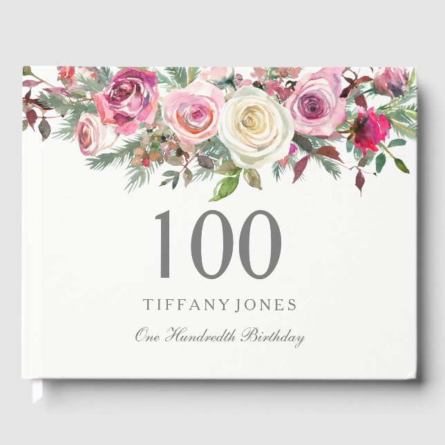 Elegant White Rose Floral 100th Birthday GuestBook (Front)