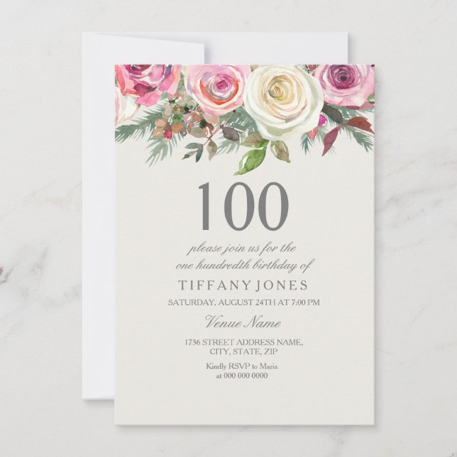 Elegant White Rose Floral 100th Birthday Invite (Front)
