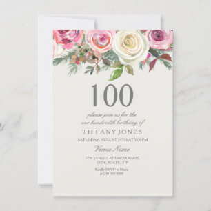 Elegant White Rose Floral 100th Birthday Invite