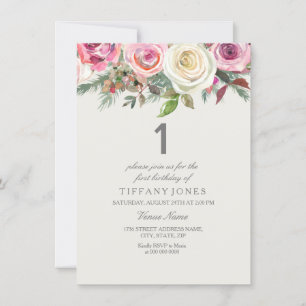 Elegant White Rose Floral 1st Birthday Invite