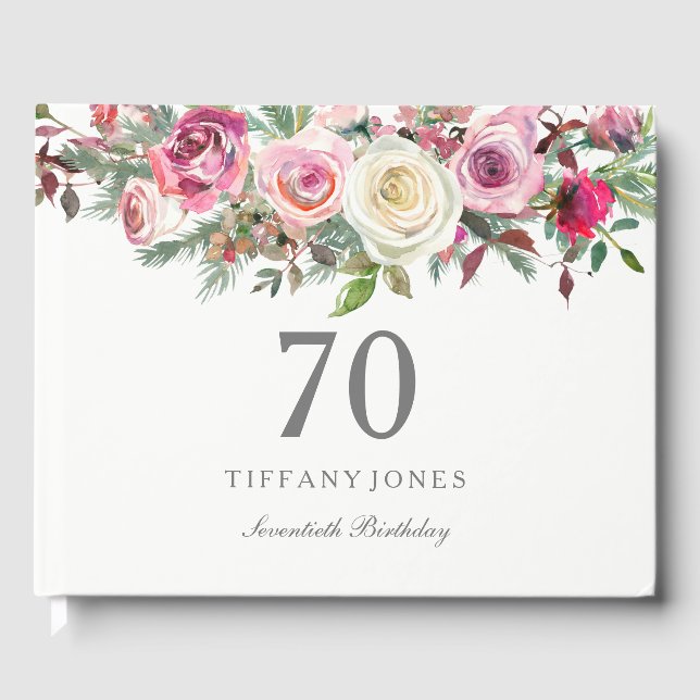 Elegant White Rose Floral 70th Birthday Guest Book (Front)