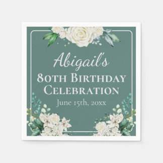Elegant White Rose Floral 80th Birthday Any Age Napkin