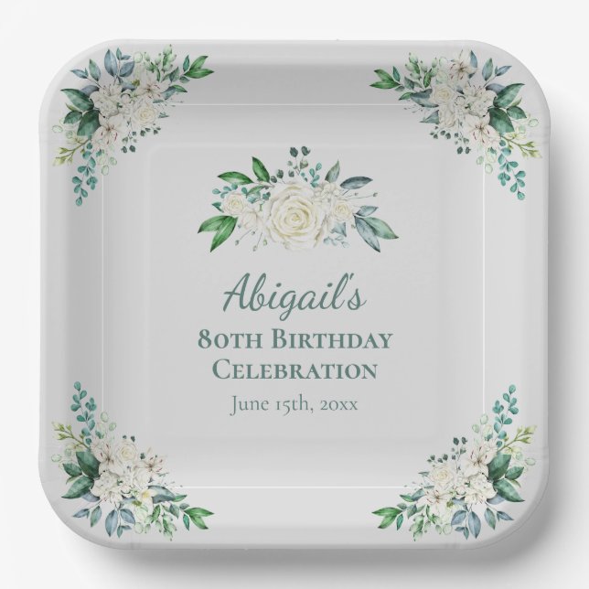 Elegant White Rose Floral 80th Birthday Any Age Paper Plate (Front)