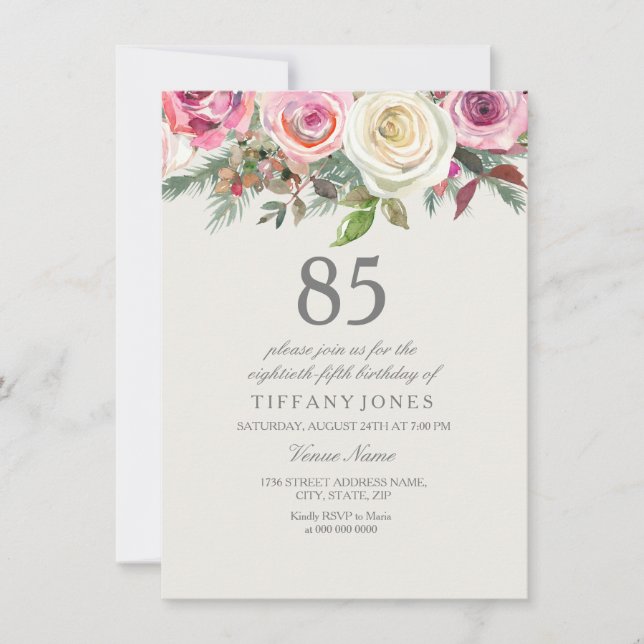 Elegant White Rose Floral 85th Birthday Invite (Front)