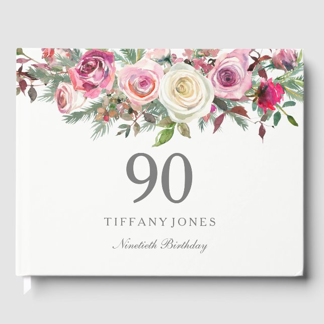 Elegant White Rose Floral 90th Birthday Guest Book (Front)