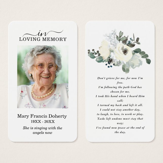 Elegant White Rose Floral Photo Prayer Card (Front & Back)