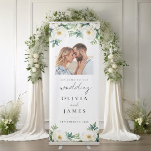 Elegant White Rose Floral Photo Wedding Welcome Retractable Banner