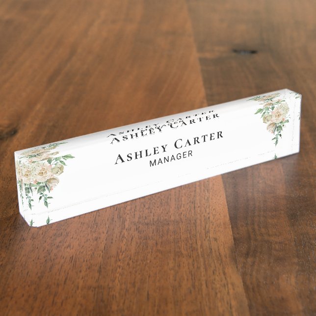 Elegant White Rose Floral Watercolor Manager Nameplate (Side)