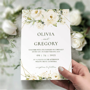 Elegant White Rose Floral Wedding Invitation