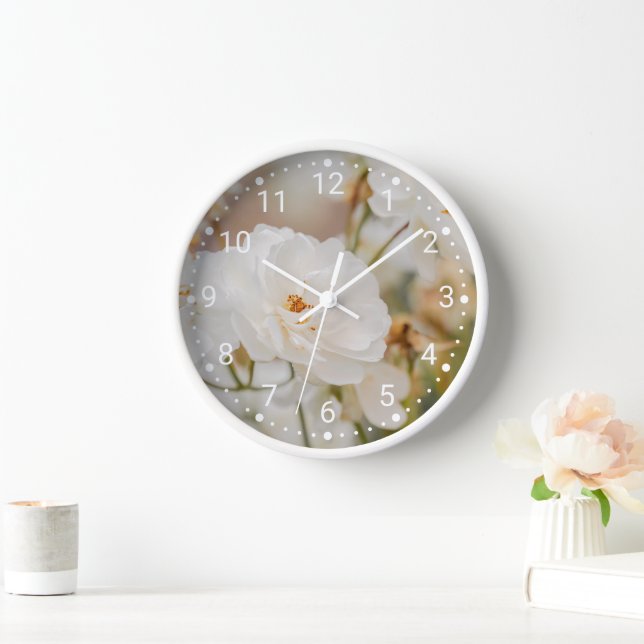 Elegant White Rose Flowers Botanical Nature Photo Clock (Home)