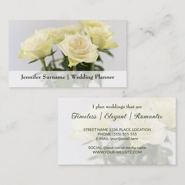 Elegant White Rose Flowers Classic Wedding Planner Business Card (Front/Back)