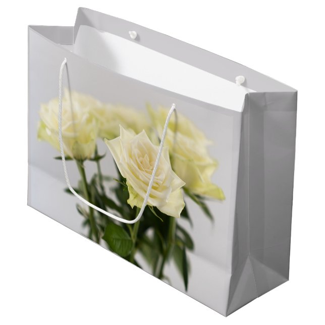 Elegant White Rose Flowers Photograph On Grey Large Gift Bag (Front Angled)