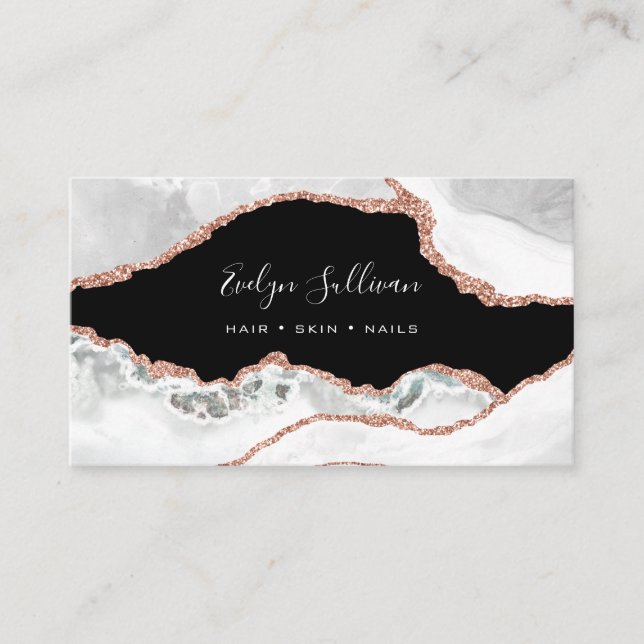 elegant white rose gold agate on black business card (Front)