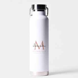 Elegant White Rose Gold Black Simple Monogram Name Water Bottle