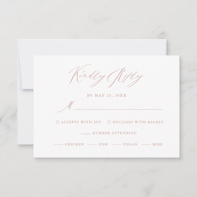 Elegant White Rose Gold Calligraphy Wedding RSVP Card (Front)