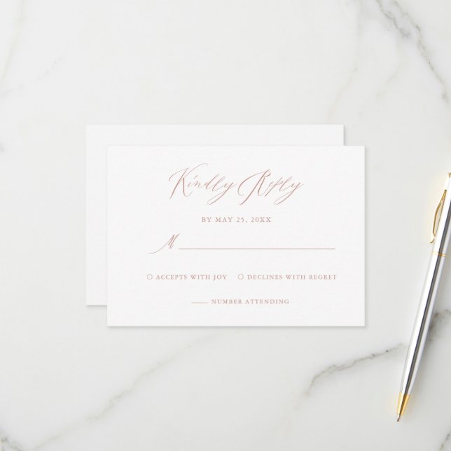 Elegant White Rose Gold Calligraphy Wedding RSVP Card (Front/Back In Situ)