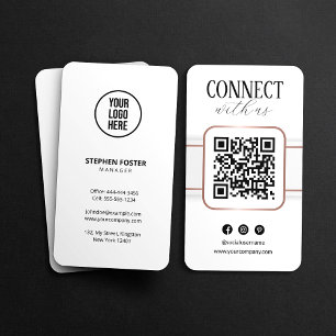 Elegant White Rose Gold Connect With Us QR Code Business Card