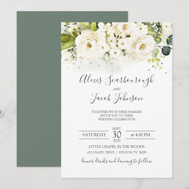 Elegant White Rose & Gold Cursive Wedding Invitation (Front/Back)