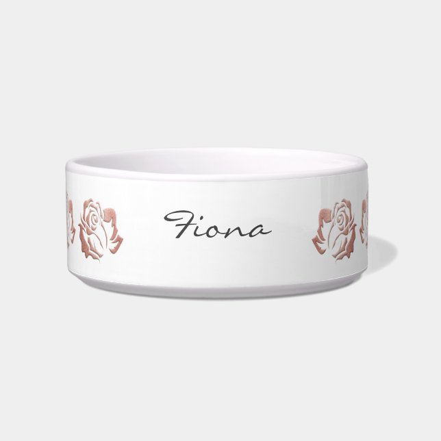 Elegant White Rose Gold Embossed Roses Dog Bowl (Front)