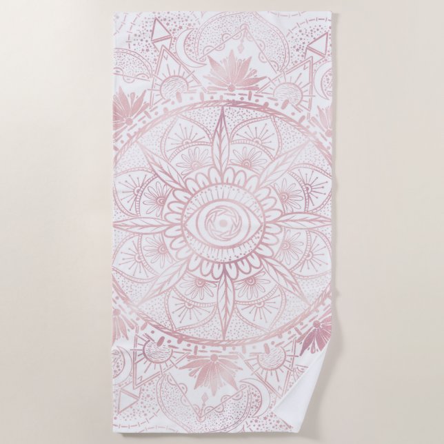 Elegant White Rose Gold Eye Sun Moon Mandala Beach Towel (Front)