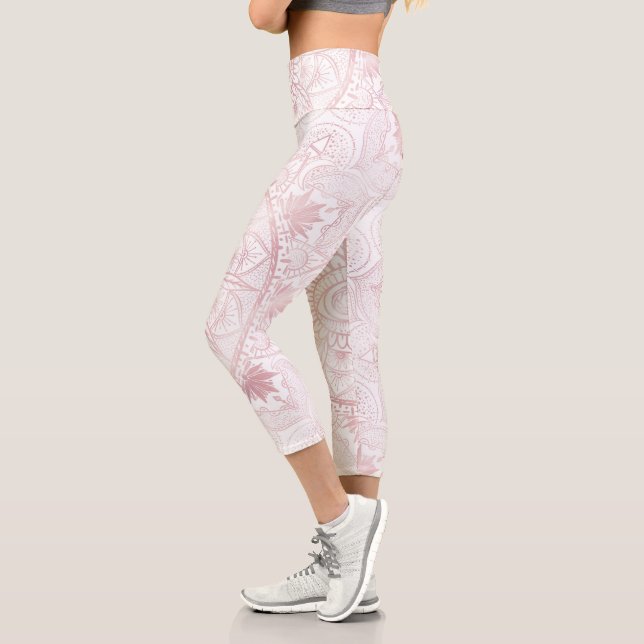 Elegant White Rose Gold Eye Sun Moon Mandala Capri Leggings (Left)