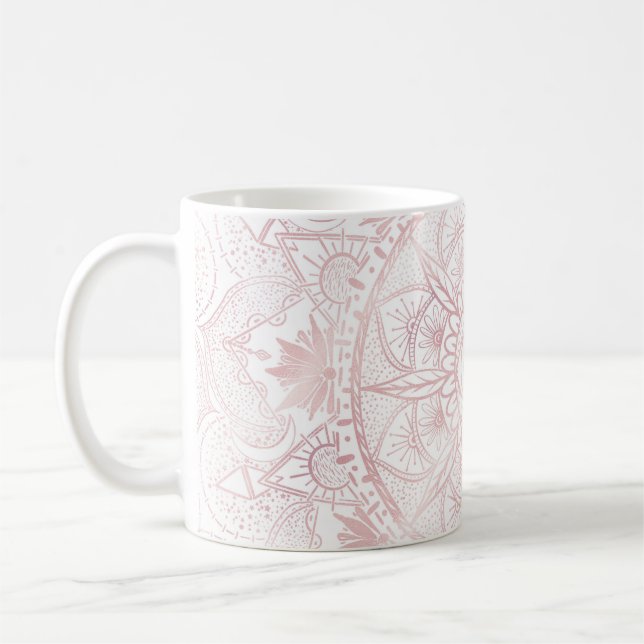 Elegant White Rose Gold Eye Sun Moon Mandala Coffee Mug (Left)