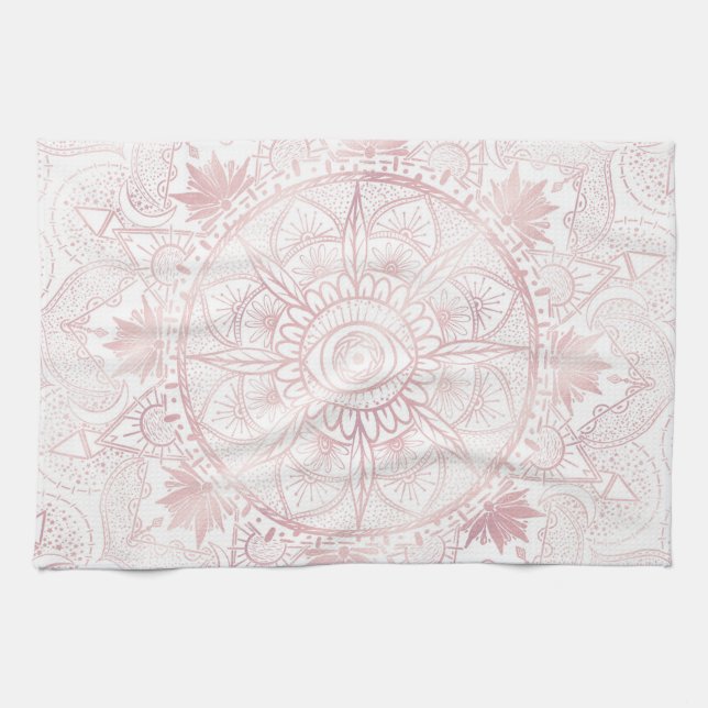 Elegant White Rose Gold Eye Sun Moon Mandala Tea Towel (Horizontal)