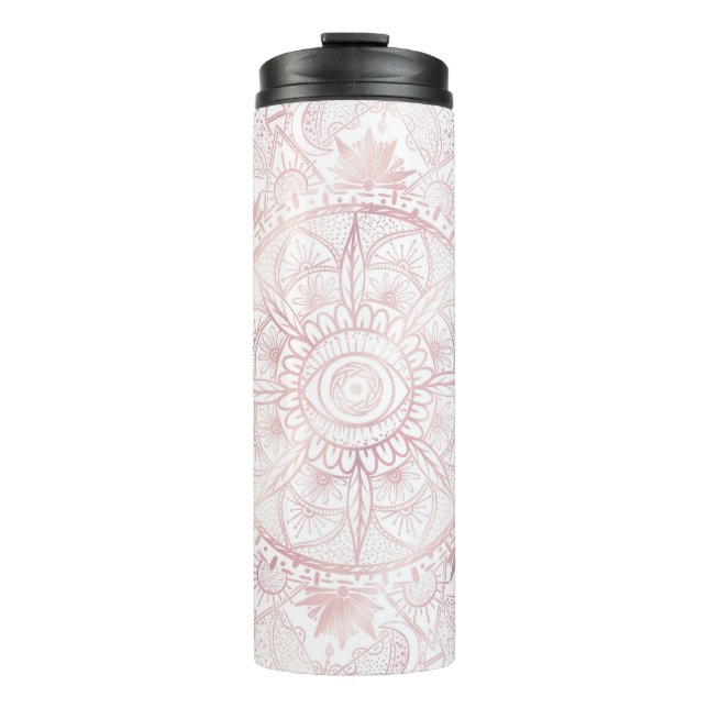 Elegant White Rose Gold Eye Sun Moon Mandala Thermal Tumbler (Front)