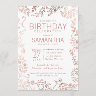 Elegant White Rose Gold Floral Birthday Party Invitation
