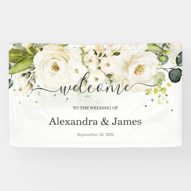 Elegant White Rose & Gold Floral Modern Wedding Banner (Horizontal)