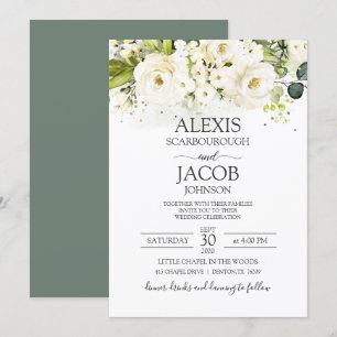 Elegant White Rose & Gold Floral Wedding Invitation