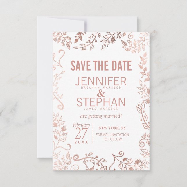 Elegant White Rose Gold Floral Wedding Save The Date (Front)