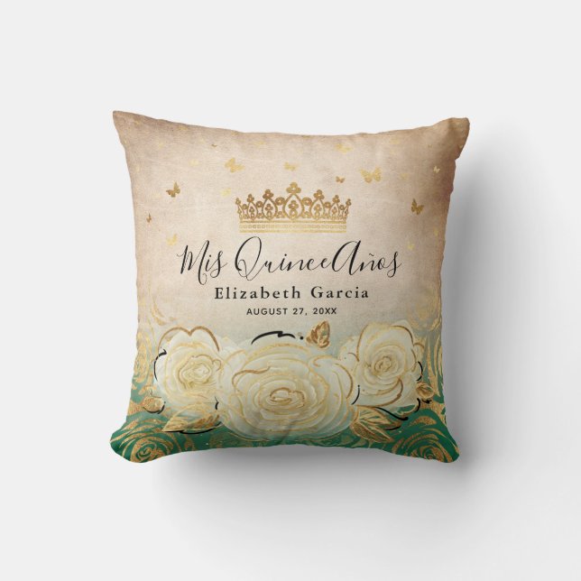 Elegant White Rose Gold Green Quinceanera Cushion (Front)