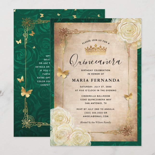 Elegant White Rose Gold Green Quinceanera  Invitation (Front/Back)