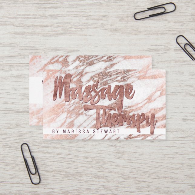 Elegant White Rose Gold Marble Massage Therapist Business Card (Front/Back In Situ)