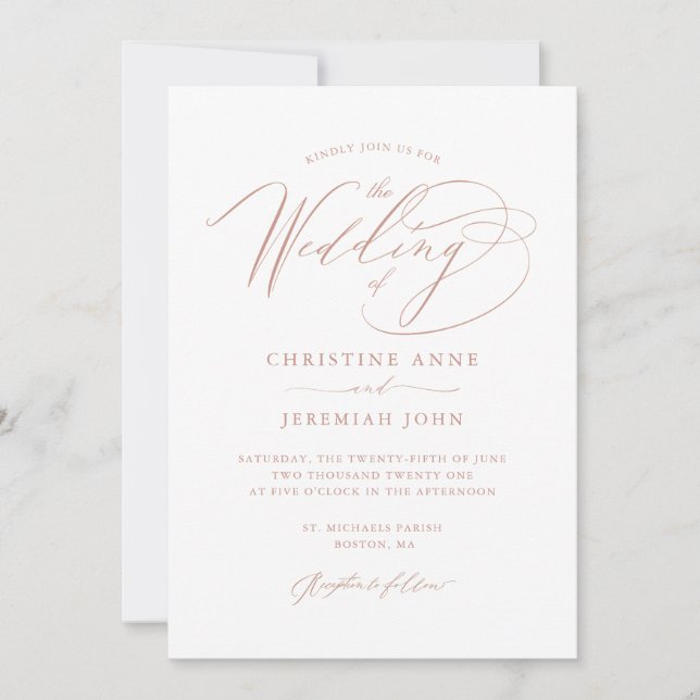 Elegant White Rose Gold Modern Script Wedding Invitation (Front)