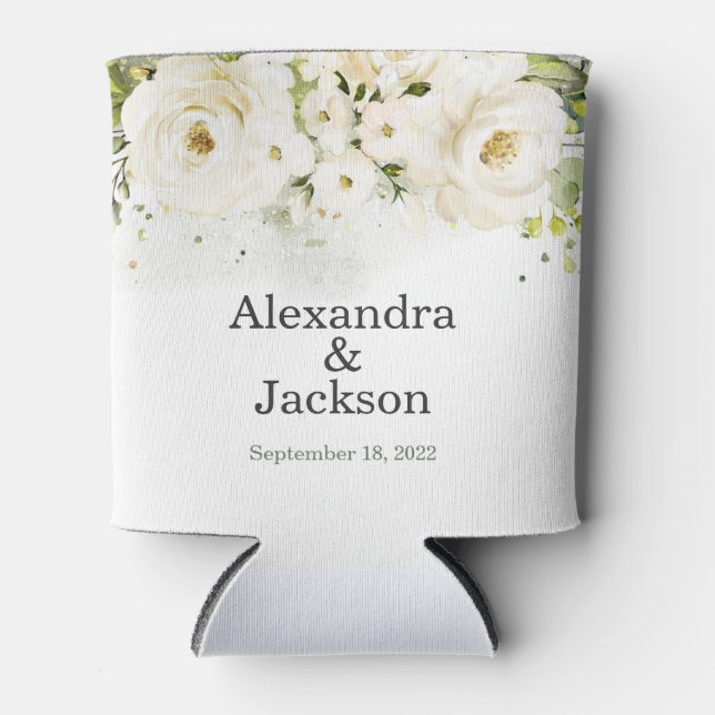Elegant White Rose & Gold Modern Wedding Can Cooler (Front)