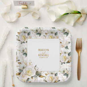 Elegant White Rose Gold Romantic Floral Wedding Paper Plate