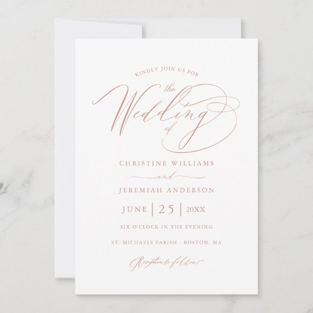 Elegant White Rose Gold Script Minimalist Wedding Invitation (Front)