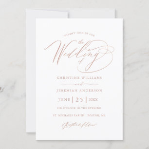 Elegant White Rose Gold Script Minimalist Wedding Invitation