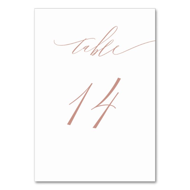 Elegant White Rose Gold Script No 14 Wedding Table Number (Front)