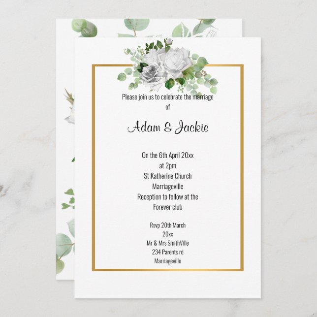 Elegant White Rose GOLD TRIM WEDDING  Invitation (Front/Back)