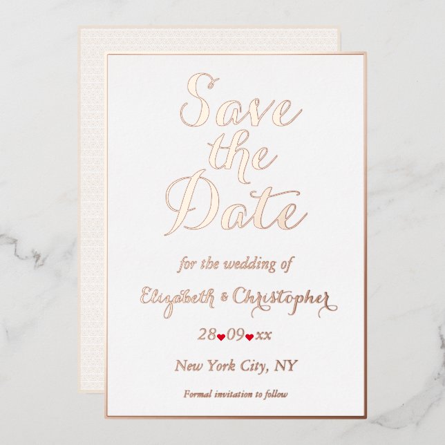 Elegant White Rose Gold Wedding Save the Date (Front/Back)